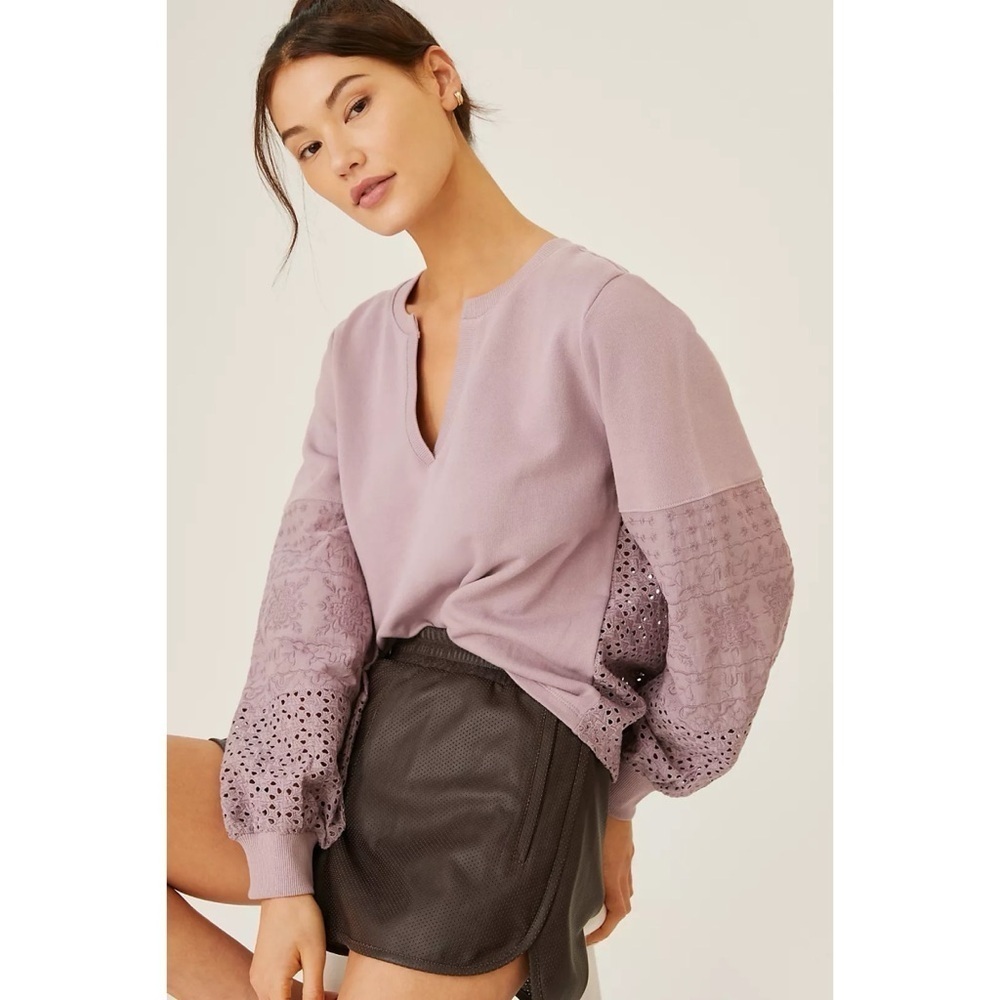 Anthropologie Top Eyelet Sweatshirt Sweater 100% Cotton Lavender Purple Sz S